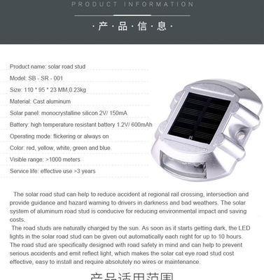 Aluminium PC Solar Road Stud with Red LED Reflector and Solar Charging Capability